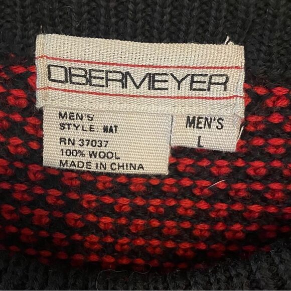 Obermeyer Sz L Red Black Chunky Knit Ski Winter Wool Retro Vintage Crew Sweater - Picture 6 of 7